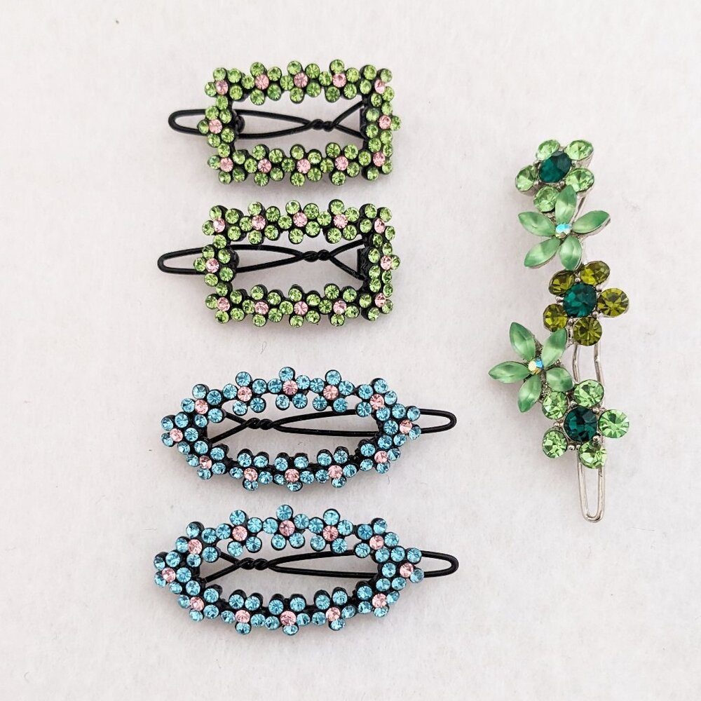 Two Sets of Blue Green Rhinestone Hair Clip with a Bonus Green Floral Hair Clip